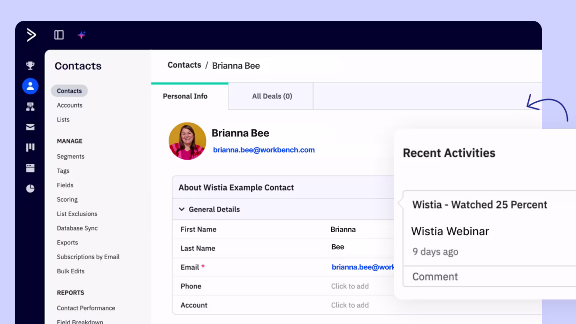 ActiveCampaign contact record displaying Wistia webinar engagement data.