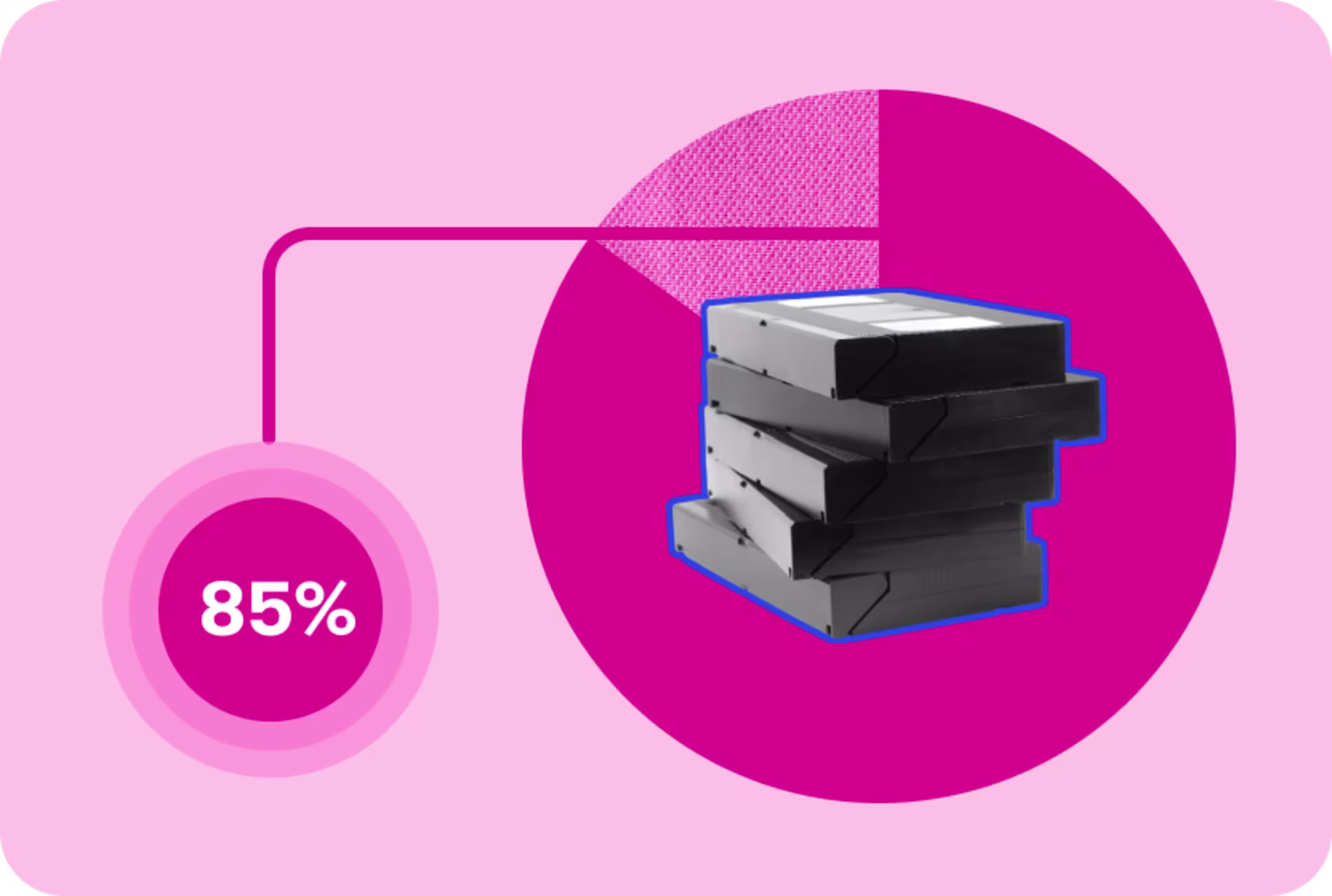 Illustration of stacked VHS tapes inside a pink circular chart showing 85%.