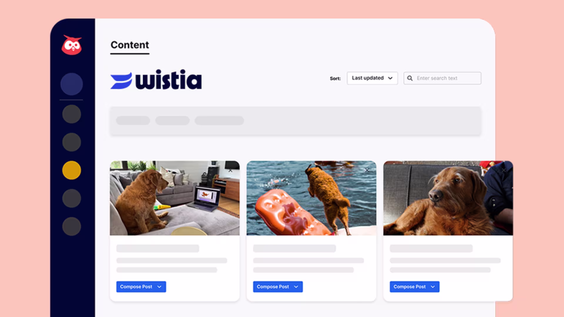 Connected Wistia and Hootsuite accounts showing a user selecting a video from their library to schedule a post.