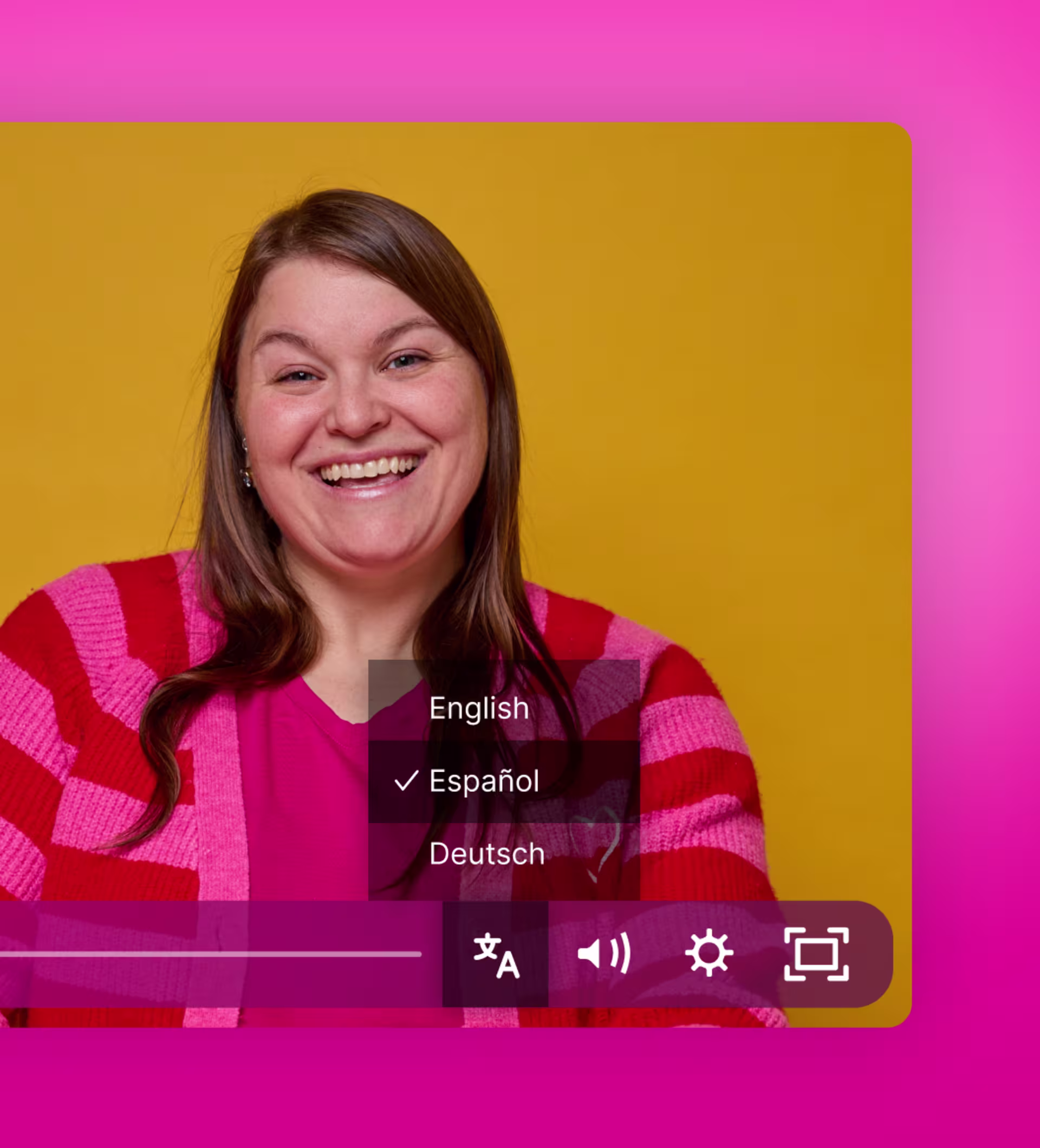 A video player shows a smiling woman. A language selection menu shows “Español” selected, highlighting multilingual playback.