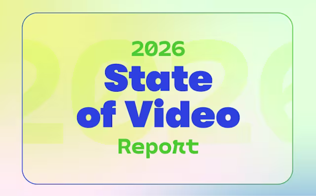 Graphic with gradient background featuring large text stating ‘2026 State of Video Report’ in bold blue and green lettering.