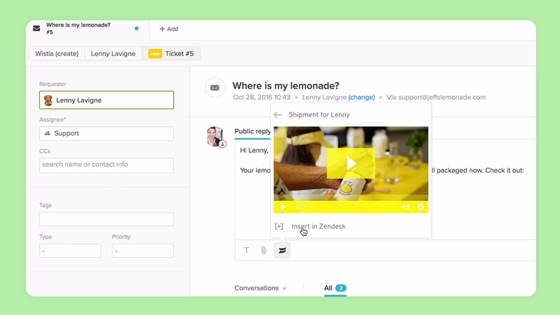 Zendesk ticket showing the Wistia icon used to insert a video thumbnail directly into the ticket for easy viewing.
